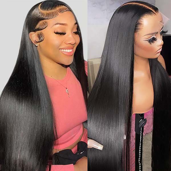 

30 32 Inch Bone Straight Human Hair Wig 13x4 Lace Front Wig Brazilian HD Transparent Lace Frontal Wig for Women Density 180, Black