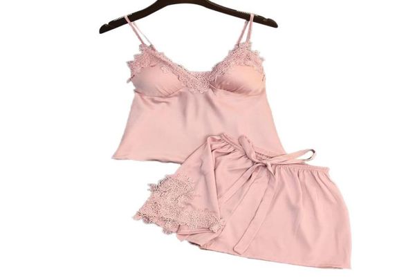 

lisacmvpnel ice silk women pajama set vneck with pad female summer pajamas y1906012028468, Red;black