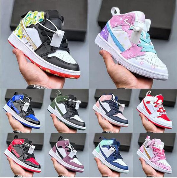 

2023 kids shoes jumpman 1s boys basketball 1 shoe children black mid high sneaker chicago designer blue trainers baby kid youth toddler infa