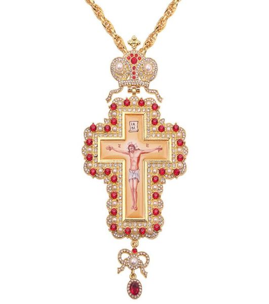 

whole hop 120cm long necklace pearl crystal cross necklace gold color orthodox pectoral enamel bishop encolpion cross for bish9693986, Silver