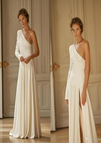 

liz martinez 2020 split wedding dresses simple one shoulder long sleeve beach boho a line satin bridal gowns vestido de novia2141017, White