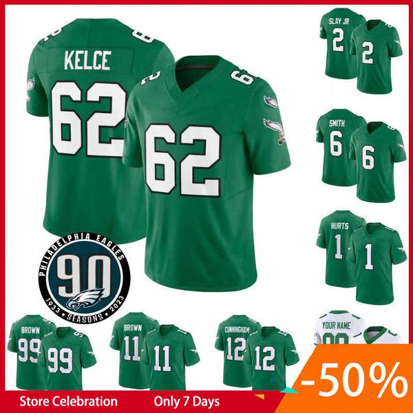 

jason kelce jalen hurts football jersey 90th patch aj brown devonta smith brian dawkins haason reddick nolan jalen carter michael vick goede, White;black