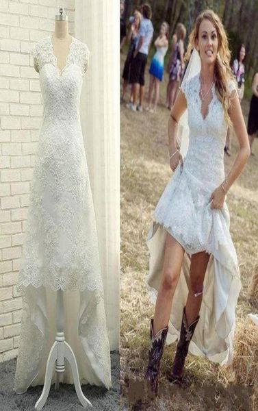 

stunning hi lo vneck lace wedding dresses boho bridal dress 2019 short sleeve country wedding dress vestido de novia plus size ch6085263, White
