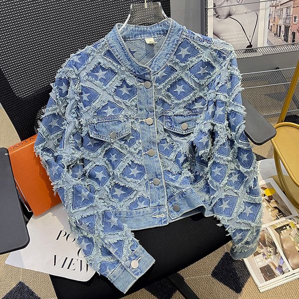

design sense, raw edge, stars, three-dimensional pattern, jean jacket, women's versatile tassels, loose autumn clothes, women's se, Black;brown