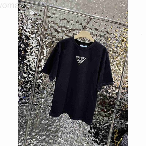 

women's t-shirt designer p family 23 spring and summer new fashion simple triangle nail drill casual loose versatile round neck t-shirt, White