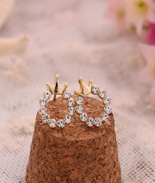 

women girl gold plated crown crystal round stud cute rhinestone earring summer beach jewelry fashion accessories6328899, Golden;silver