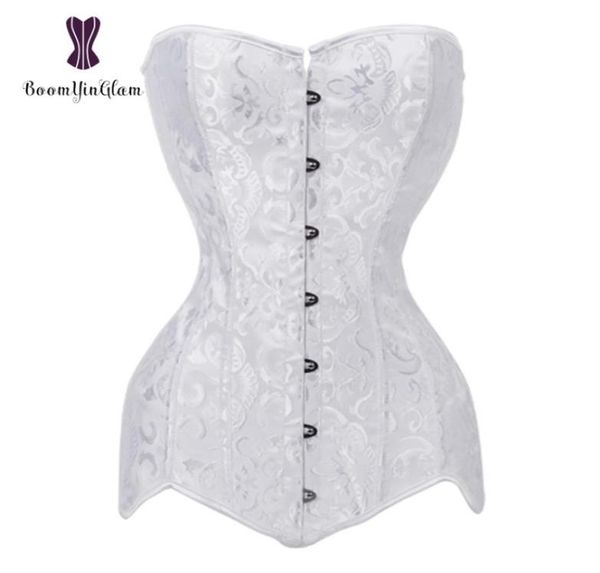 

white bridal corselet overbust korset full body shaper xs to 6xl spiral steel boned long torso shapewear corset 942 y111990236931814, Black;white