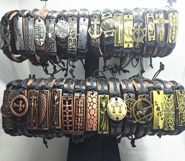 

whole lots 100pcs mixed styles vintage alloy leather cuff bracelets jewelry gift for man women2310905, Golden;silver