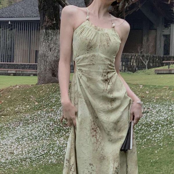 

ylys print halter dress summer womens style gentle temperament waist revealing long for children, Black;gray