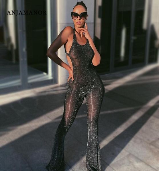 

women039s jumpsuits rompers anjamanor glitter sheer mesh black for women bell bottoms backless club one piece outfit sum7650788, Black;white