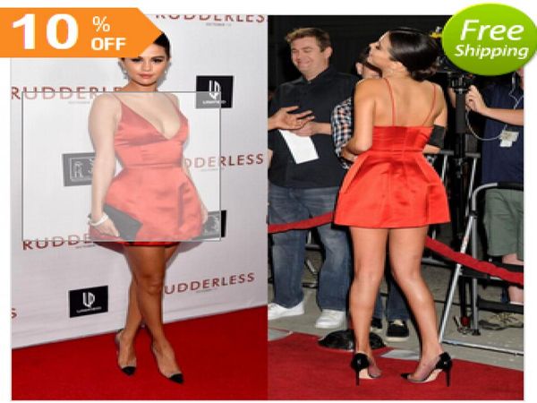 

2015 selena gomez celebrity party dresses spaghetti straps deep v neck backless short mini red carpet evening gowns under 1009268144, Black;red