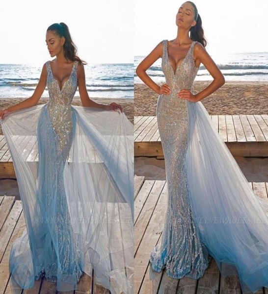 

gorgeous like sky blue mermaid evening prom dresses deep v neck luxury beaded sequined party evening gowns detachable tulle skirt4945413, Black