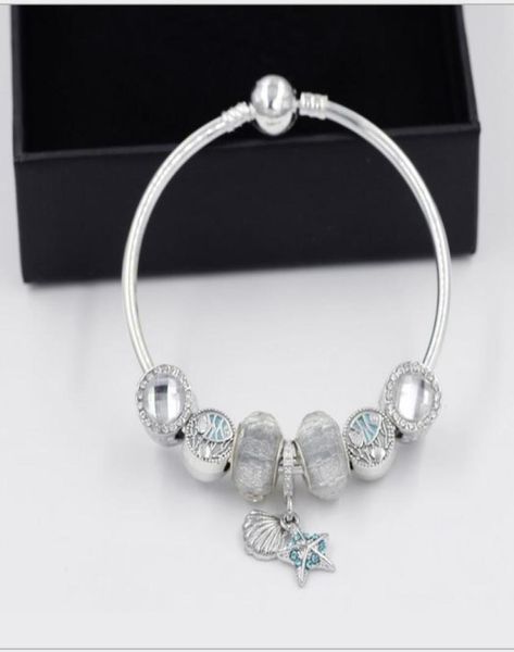 

925 sterling silver bead charm silver foil murano glass beads ocean starfish pendant fits european charms bracelets safety chain j6877572, Golden;silver
