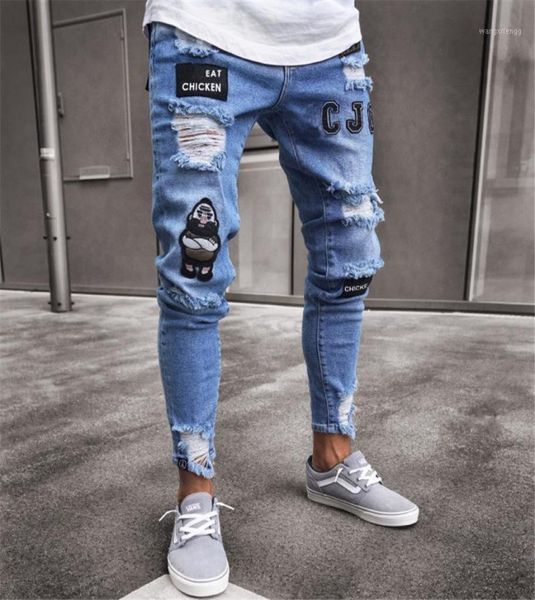 

mens pants jeans men ripped patched badge painted jeans straight slim fit hip hop casual denim jean for man broken holes boys11097138, Blue