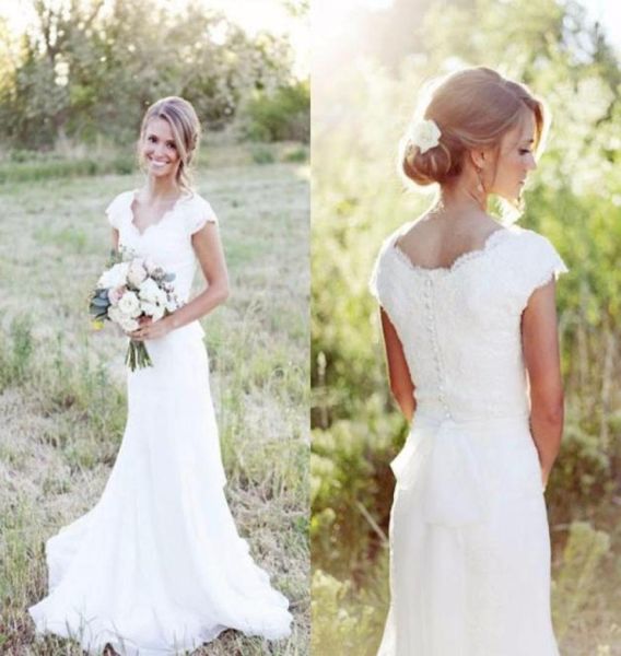 

western country style lace wedding dress bohomian bridal gowns vestido de noiva capped sleeve v neck beach garden wedding gown che1657303, White