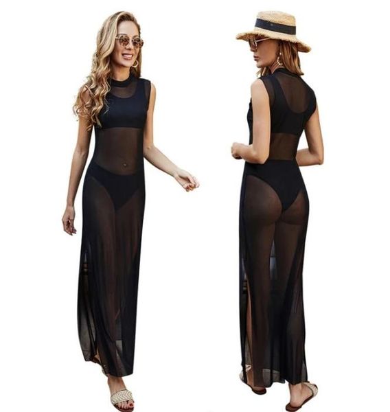 

mesh sheer dress see through split bikini cover up women sarong bathing suit swimwear beach long drs swimming suits cover-ups8208524, Black;gray