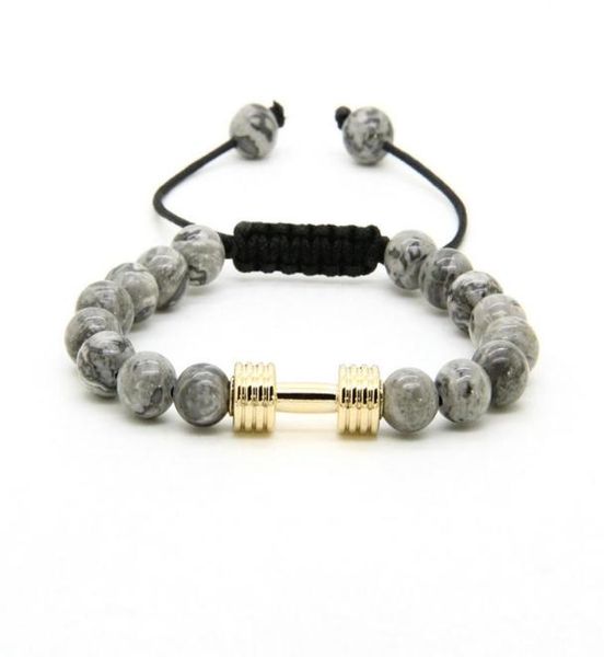 

sport energy bracelets whole 8mm grey jasper stone beads with new barbell fitness dumbbell macrame bracelets for men4403648, Golden;silver