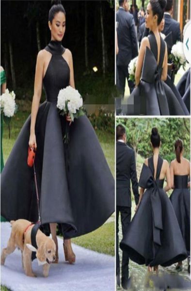 

black high neck ball gown prom dresses with big bow satin ankle length evening gowns saudi arabia formal party vestidos6235247
