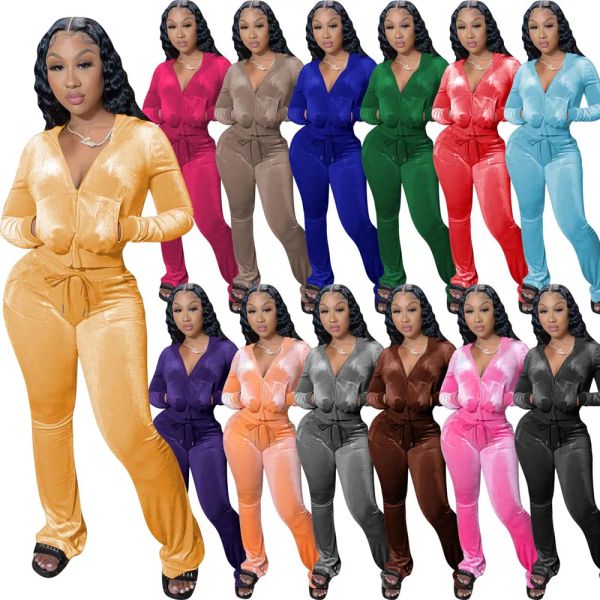 

designer velvet tracksuits fall winter women sweatsuits long sleeve hooded jacket and flare pants two piece sets outfits casual sports suits, Gray