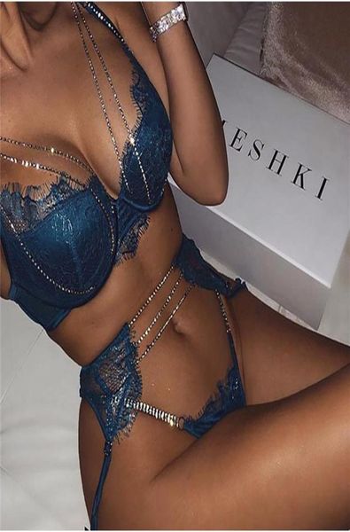 

women lace diamonds sets underwear ladies sleepwear sets crystal chain bra gstring babydoll c1114235g7558125, Red;black
