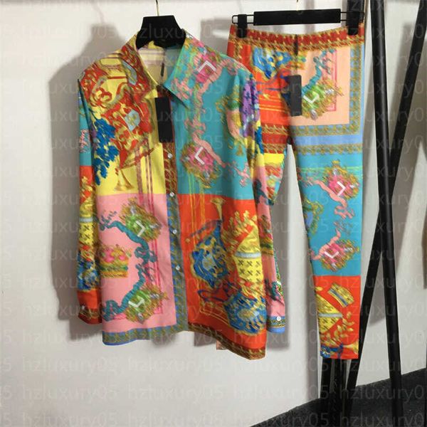 

designer suit womens fashion pants two piece set retro colorblocked floral print long sleeve shirt stretchy skinny bottoms fitness pant wome, White