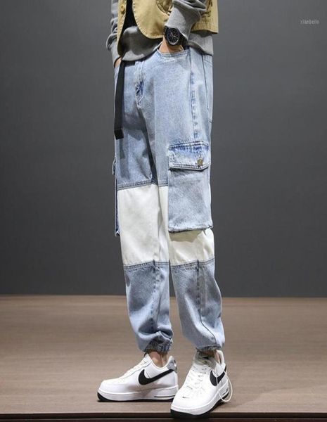 

fashion streetwear men jeans loose fit patchwork spliced designer denim cargo pants big pocket wide leg trousers hip hop joggers19325133, Blue