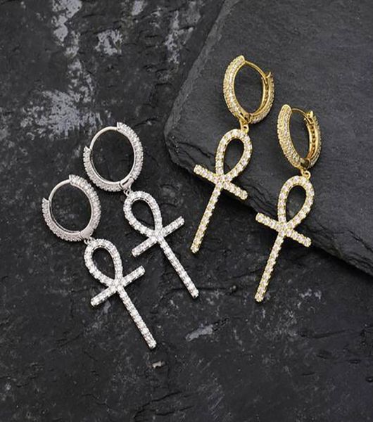 

14k gold plated ankh egyptian drop earrings bling micro pave cubic zircon earring for men women drop earrings5050066, Golden;silver