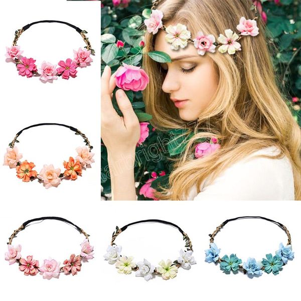 

bohemian floral headband for women bridal wedding wreath garland hairbands headdress summer beach travel hair accessories, Slivery;white