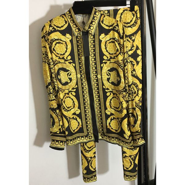 

8.7 fashion vintage floral print long sleeve single breasted blouse + slim leggings women's two piece sets, White