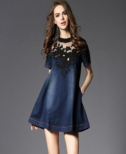 

whole mesh embroidery denim dress patchwork loose aline summer dress mini dress jeans women short sleeve plus size s3xl d669517881, White;black