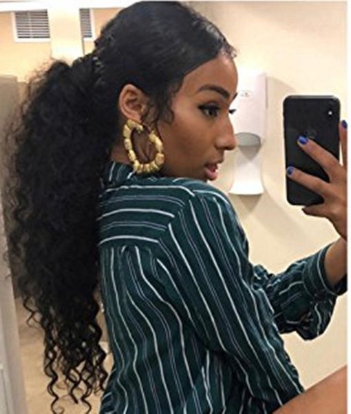 

100 real brazilian virgin hair kinky curly pony tail human hair drawstring ponytail hairpieces kinky culry clip in ponytail for b7769780, Black