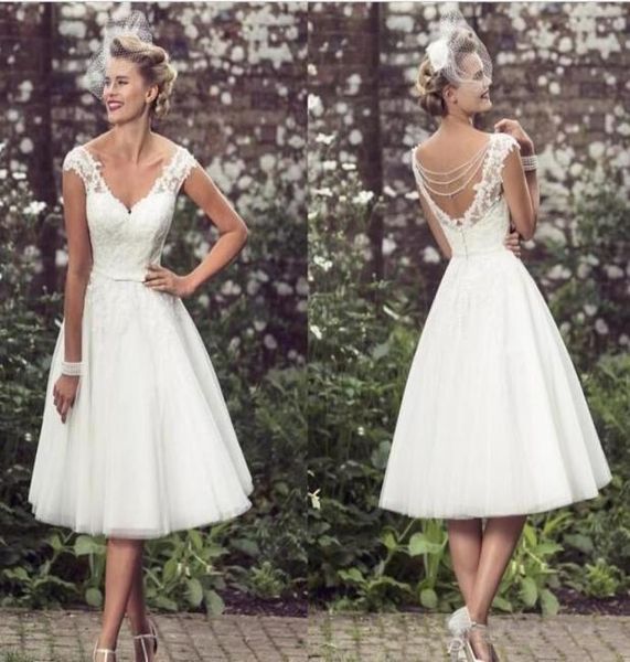 

elegant tea length short wedding dresses cap sleeves appliques lace wedding gowns tulle v neck short bridal gowns 388012, White