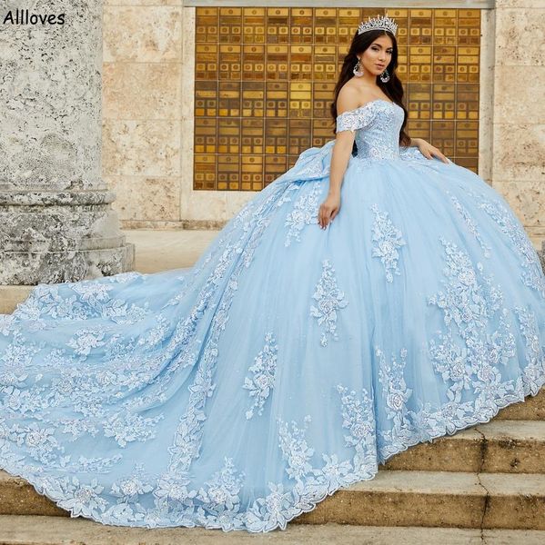 

light sky blue off the shoulder ball gown quinceanera dresses glamorous lace appliqued princess formal party prom gowns plus size big bow sw, Blue;red