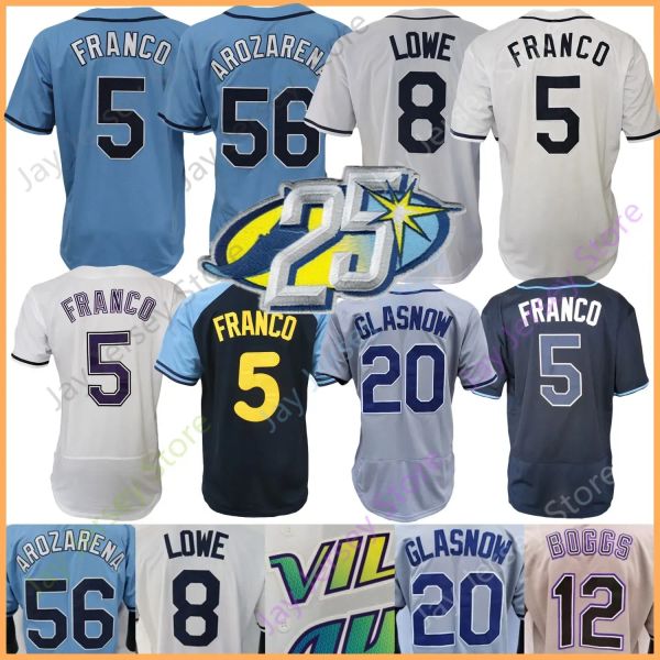 

25th patch baseball jersey wander franco randy arozarena wade boggs shane mcclanahan tyler glasnow lowe baz ramirez margot raley siri basabe, Blue;black