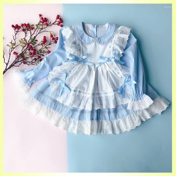 

Girl Dresses 2023 Autumn Girls Long Sleeve Spanish Lolita Princess Little Lace Bow Blue Pink Dress for 1 2 3 4 5 6 Years Kids