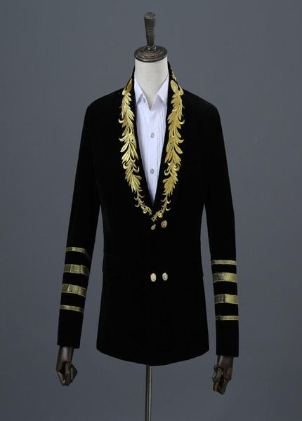

men039s gold embroidery double breasted velvet suit jacket brand new shawl collar military style party stage blazer masculino6368179, White;black
