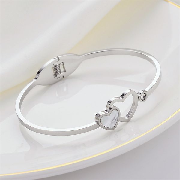 

New Popular Titanium Steel Double Heart Bangle Cuff Bracelet Jewelry for Women Gift