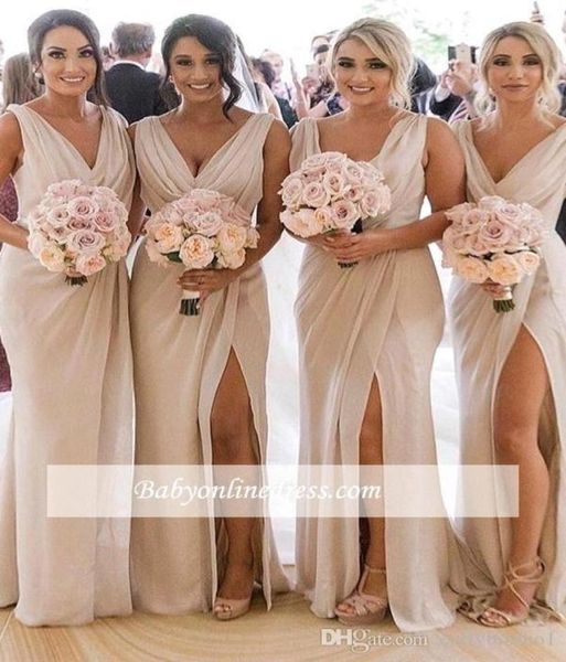 

champagne bridesmaid dresses chiffon deep v neck front side slit high split plus size maid of honor gown wedding guest dress9131383, White;pink