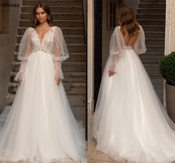 

puffy long sleeves a line wedding dresses romantic tulle boho deep v neck plus size bridal gowns backless lace appliqued second reception ro, White
