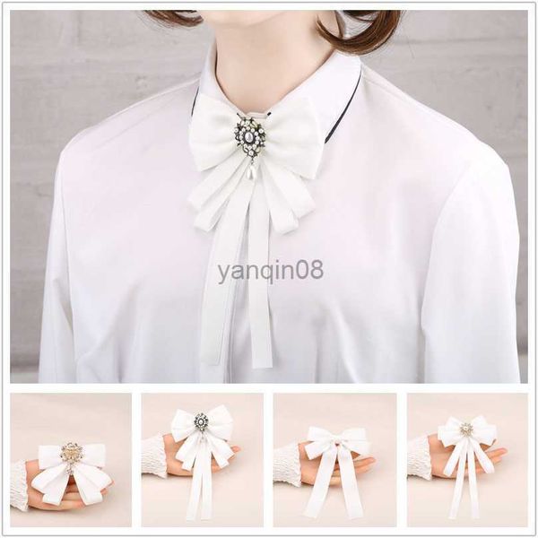 

pins brooches korean white ribbon bow tie brooches for women crystal fabric bowknot necktie fashion dress shirt collar pins accessories hkd2, Gray