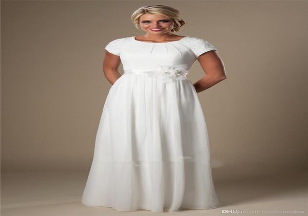 

ivory beaded chiffon beach modest wedding dresses with cap sleeves aline temple bridal gowns informal summer wedding gowns new ch3357527, White