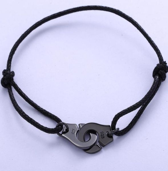 

925 sterling silver black rope menottes handcuffs bracelet for women ps10167482000
