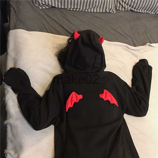 

women's hoodies sweatshirts harajuku hoodies girl little devil horns gothic hooded sweatshirts women demon fly wings loose pullovers po, Black
