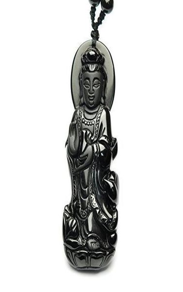 

fine jewelry hand carved natural genuine obsidian kwanyin goddess bodhisattva buddha pendant necklace 7628195, Silver