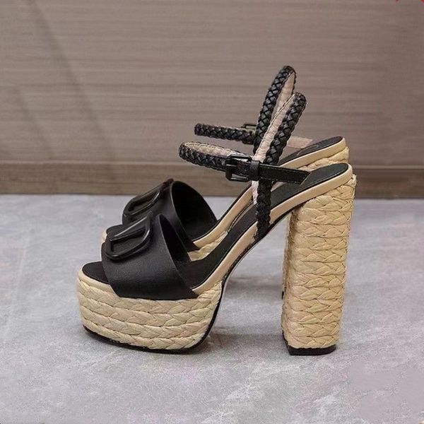 

slippers designer sandals women shoe summer fashion buckle strap weave lafite grass patchwork genuine leather high heel platform shoes women, Black