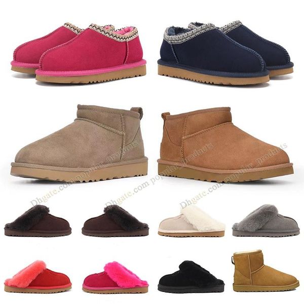 

luxury designer boot tasman slippers womens chestnut fur furry slides shearling tazz mules women men ultra mini slip-on shoes suede winter u, Black