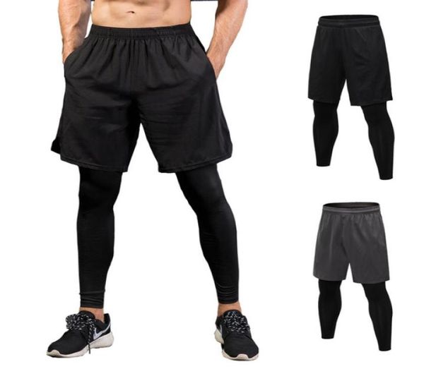 

men skinny running pants false two pieces shorts leggings fitness sport pants quickdrying elastic jogging tights men sportswear p1641778, Black;blue