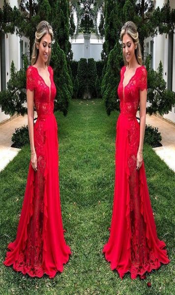 

red lace see through prom dresses 2019 deep v neck chiffon a line evening gowns floor length zipper back formal party dress 978782, Black