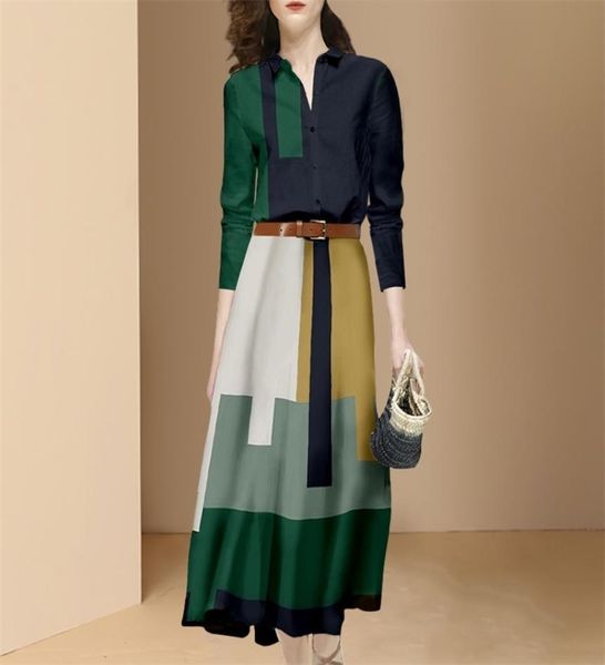 

fashion office suit spring fall long sleeve hit color shirts igh waist midi a line belt slim skirt two piece set 2207193346130, Black;gray