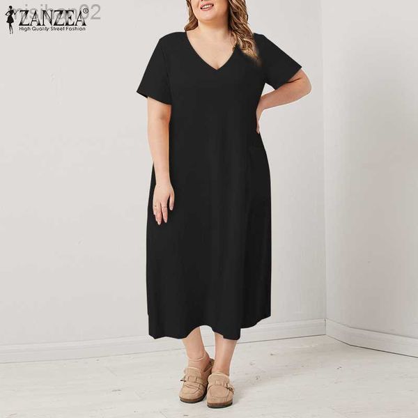 

basic casual dresses plus size zanzea 2023 women summer dress short sleeve casual cotton ladies big pockets party robe femme long vestidos l, Black;gray